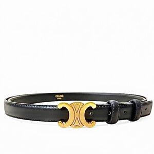 AUTH! Celine Triomphe Black Leather Belt with Gold Double C Buckle 110cm